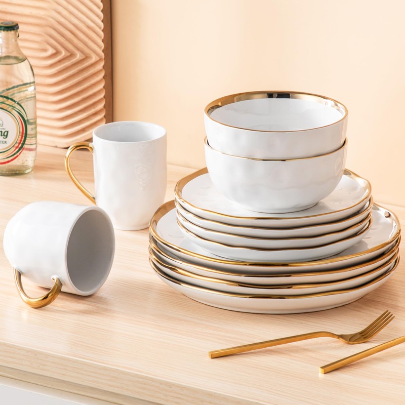 LOVECASA 16 Pieces Plates and Bowls Sets, Porcelain White and