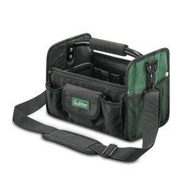 Guliter 11 Inch Small Tool Bag, Open Top Tool Tote with Stainless Steel Handle and Adjustable Shoulder Strap,21 Pockets Electrician Tool Bags,Black/Green