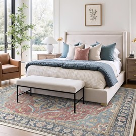 GENIMO 8x10 Area Rugs for Living Room, Machine Washable Rug Non Slip, Large Ultra-Thin Low Pile Carpet Non Shedding, Vintage Floral Rugs for Bedroom Aesthetic, Dining Room, Office, Rose/Blue