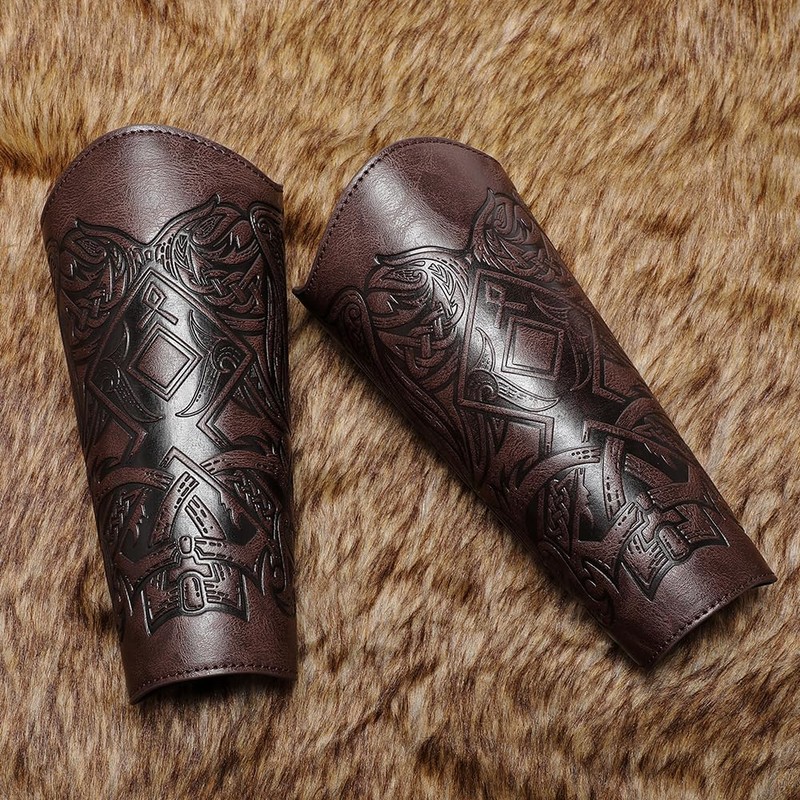 Medieval Leather Bracers for Men Angel Wings Embossed Viking Leather