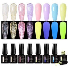 MEET ACROSS Gel Nail Polish Set, 8 Colors, UV/LED Soak Off (Translucent Diamonds + Luminous Candy Gel, 8pcs)