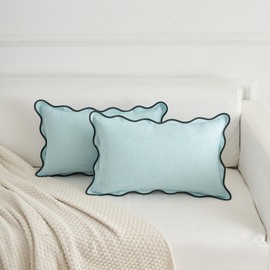 Mayler Yee Scalloped Throw Pillow Covers Set of 2 for Living Room, Soft Cotton & Cozy Linen, Boho Sytle Decorative Home (Blue & Teal, 12x20 Inch)