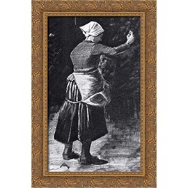 Woman Feeding Chickens 16x24 Gold Ornate Wood Framed Canvas Art by Vincent van Gogh