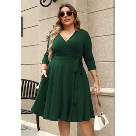 Nemidor Women's V-Neckline 3/4 Sleeve Stretchy Casual Midi Plus Size Bridesmaid Dress NEM253 (24,DarkGreen+Sleeve)