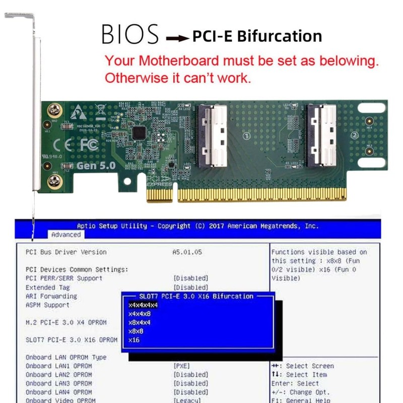 Xiwai 16x PCIE5.0 PCI-Express to Dual MCIO 8i SFF-TA-1016 VROC