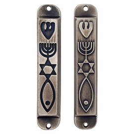 TALISMAN4U Set of 2 Pewter Messianic Mezuzah Case with Scroll for Door from Israel Menorah Messianic Seal 10 cm / 4 Inch