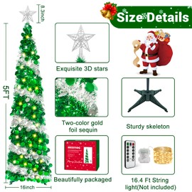 HISFFOG 5FT Pop Up Christmas Tree with 8 Rmote Lights Modes - Dual Color Sequin Tinsel Christmas Tree, Collapsible Artificial Pencil Christmas Trees Decorations for Home, Apartment, Office, Party
