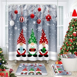 Bribay 4 Piece Shower Curtain Sets, Merry Christmas Red Gnomes Cute Funny Green with Non-Slip Rugs, Toilet Lid Cover and Bath Mat, for Bathroom Decor Set, 72" x 72"
