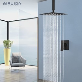 Airuida Ceiling Mount Shower Only Faucet Set Single Function Shower Trim Kit Matte Black 10 Inch Square Shower Head Bathroom Rainfall Shower System with Rough-in Valve Male Thread