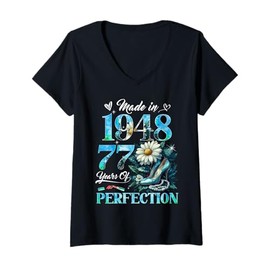 Womens Womens 77th Birthday Floral Made in 1948 Gifts 77 Years Old V-Neck T-Shirt