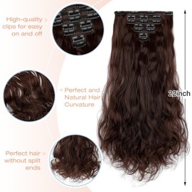 Soulwigger Clip in Hair Extensions, 22 Inch 6 PCS Natural Curly Soft Synthetic Hair Extensions Clip ins, Medium Brown Long Wavy Hairpiece for Women