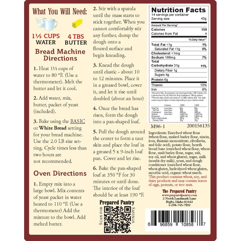 The Prepared Pantry Pioneer Potato White Bread Mix; Single Mix;