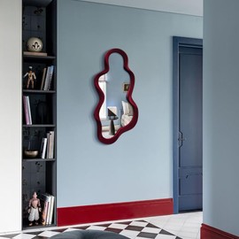 TEIPAI Mirror Wall Decor for Vintage Living Room Bedroom, 13.8x29.7 Asymmetrical Decorative Mirror for Entryway Porch Staircase, Retro Modern Hanging Wall Art Gift for Christmas Wedding (Wine Red)
