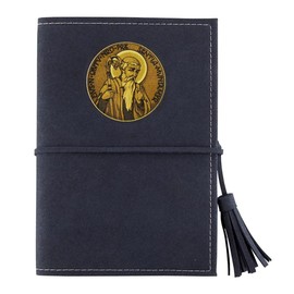 Needzo Navy Saint Benedict Lay Flat Journal with Cord Wrap Around Closure, Gold Tone St Benedictine Medal and Faux Suede Material, Keepsake Graduation 2024 Gifts for Teenage Boys or Girls