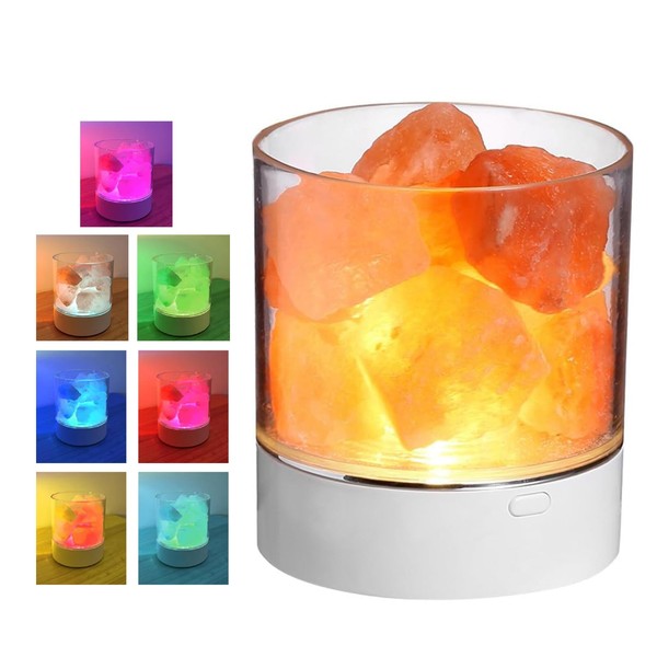 Aninako Salt Lamp, Night Light, Indirect Lighting, Bedside Lamp, 7 Colors, Natural Salt Aroma Lamp, Negative Ion Generation, Air Purification, Healing Effect, Colorful Color, Stepless Dimming, 1200mAh, USB Rechargeable