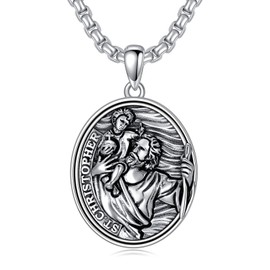 PDTJMTG 925 Sterling Silver St Michael/St Christopher Oval Round Medal Archangel Cross Necklace with 22”+2” Chain (B01-St Christopher)