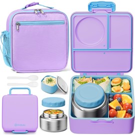 Fimibuke Kids Bento Lunch Box with Thermo, Leakproof Toddler Bento Box with 8.5OZ Insulated Food Jar, Lunch Bag & Utensils BPA Free Dishwasher Safe 3 or 4 Compartment Container for School Girls Boys
