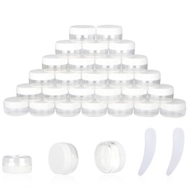 25PCS 10 Gram Sample Containers, 10ml Empty Jars with Lids, Small Cosmetic Containers, Mini Sample Jars with 2PCS Mini Spatulas for Make Up, Oils, Lotion, Powder, Paint, Jewelry, Lip Balms(White Lid)