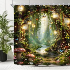 Riyidecor Fantasy Fairy Shower Curtain for Bathroom Decor 72Wx72H Magical Mushroom Misty Jungle Floral Tree Butterfly Wonderland Woodland Art Printed Fabric Polyester Waterproof 12 Pack Plastic Hooks
