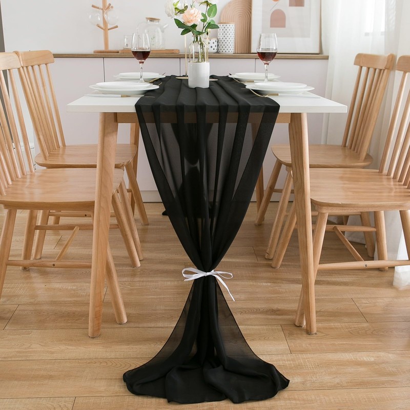 CHUQING Black Chiffon Table Runner 27x120 Inches Wedding Tablecloth Sheer
