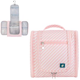 PAVILIA Hanging Toiletry Bag for Women Men Cosmetic Makeup Organizer Kit, Pink stripes,