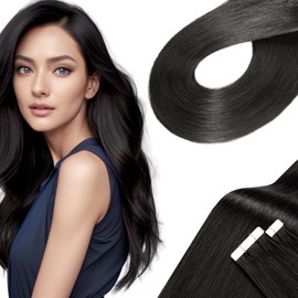 LieblichWelle Tape-In Real Hair Extensions, Off Black, 45 cm, 20 Pieces, 50 g/Pack, Salon Class Quality, Easy and Comfortable to Wear for Young Women (Off Black, 45 cm)