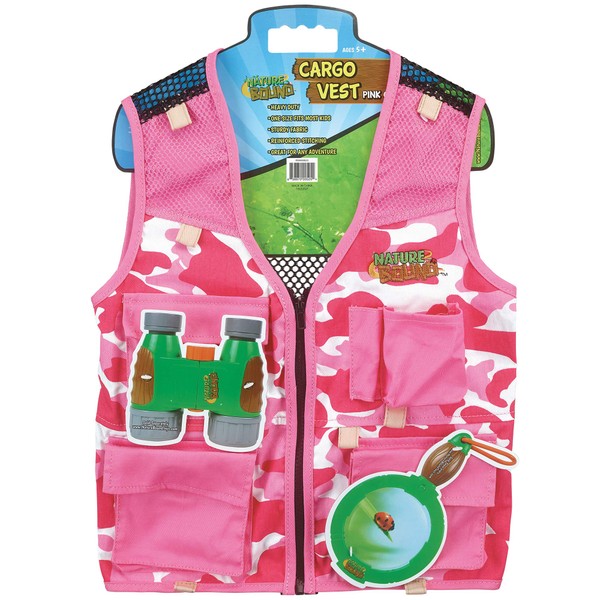 Nature Bound Explorer Kids Cargo Vest for Fishing, Troops, Boating, Outdoor Play, or Safari Costume. Pink Camouflage Print with Four Pockets, Fits Most Girls Ages 5 - 8, (Model: NB525)