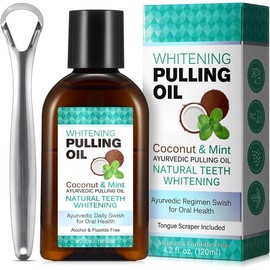 Coconut Pulling Oil for Teeth Whitening(4.2 Fl.Oz),Mouthwash Mint Oil Pulling with Tongue Scraper,Natural Coconut & Peppermint Oil Mouthwash,Supports Healthy Gums,Dye Free,Fresh Breath