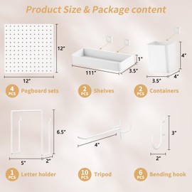 FZK Peg Board,25pcs PegBoard Wall Organizer,Includes 4 White Pegboard and Accessories,Plastic PegBoard for Room,Office, Craft Room,Kitchen and Bathroom