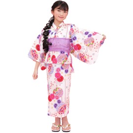 Bee saa01400 Yukata 3-Piece Set, Kids, Girls, Summer, Easy, Separate Type, Festivals, Fireworks Display, Lily, Ribbon, Camellia, Polka Dots, Cat, Classic Ballpoint, 120