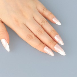 3D Pearl French Press On Nails – Medium Almond Shape Nude Pink & White Acrylic Fake Nails with Sculpted Design, Reusable Stick On Nails for Women, 24PCS with Glue and Full Manicure Kit