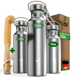 Blockhütte Vacuum Insulated Stainless Steel Water Bottle I 17 oz I Wide Mouth Metal Bottle for hot and cold drinks I BPA-Free I perfect for Travel, School I Kids, Adults, Water Canteen, Sports, flask