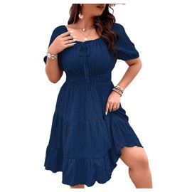 Floerns Women's Plus Size Tie Front Square Neck Puff Sleeve Ruffle Hem Midi Dress Deep Blue 2XL