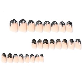 Hkanlre Black Press on Nails Almond Gradient Fake Cute Nails Tips Full Cover Star False Medium Nails for Women 24PCS