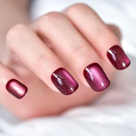 IKISKT Press On Nails - Shine Cat Eye Tips | Shiny Glitter Rose Pink Solid Light Paste l UV Short Square Shape False Fake Nails, Reusable Glue | 10-12 Sizes - 24 Nail Kit