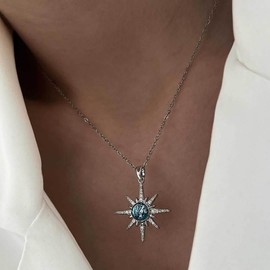 Inilbran Boho Opal Starburst Pendant Necklace Vintage Crystal Star Choker Necklace Silver Star Celestial Necklace Adjustable CZ Star Chain Necklace Jewellery for Women, Zinc, No Gemstone