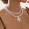 Chunky Pearl Cross Necklace for Women Trendy Gold Statement Necklace