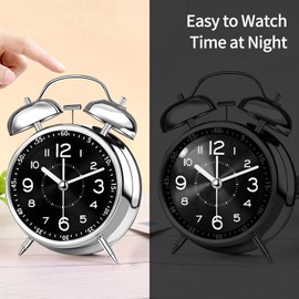 pxy Loud Alarm Clock for Heavy Sleepers 3D Dial Battery Operated (Battery Include), 4" Super Silent Analog Alarm Clock for Kids with Night Light PT260 Silver OrangePT260 Silver Black