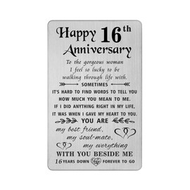 TANWIH 16th Anniversary Card for Wife - 16 Years Down Forever to Go - 16 Year Wedding Anniversary Card Gifts for Her Women, Engraved Metal Wallet Card