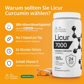 Bio Medical Pharma Kurkuma Kapseln mit Vitamin D3 C 185x H?here Bioverfgbarkeit C Hochdosiertes Mizellen Curcumin C 1 Kapsel T?glich C Entspricht 6.600 mg Kurkuma Pulver C Licur 7000 mit Vitamin D (2 Monatspackung)
