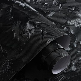 Black Peel and Stick Wallpaper Black Floral Wallpaper 15.7inch x 118.1inch Vintage Embossed Textured Contact Paper Embossed Self Adhesive Wall Paper for Cabinets Pure Flower Removable Vinyl