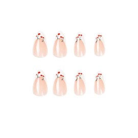 French Tip Press on Nails Medium Almond White Fake Nails with Cherry Design Nude Full Cover Stick on Nails Cute False Nail Reusable Artificial Acrylic Nail for Women Girls Art Decoration 24pcs