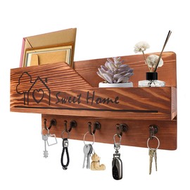 Gocokia Mail and Key Holder for Wall Decorative Wooden Mail Organizer with 5 Key Hooks Wall Mounted Key Hanger with Mailbox Shelf for Mail Letters Newspapers and