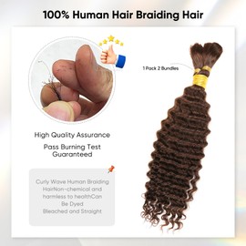 Human Braiding Hair 18 Inch 100g Chocolate Brown Deep Wave Bulk Human Hair for Braiding No Weft Curly Bundles Hair Extensions for Boho Knotless Braids (#4)