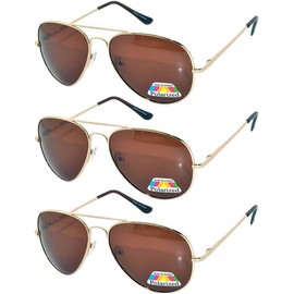 Set of 3 Classic Aviator Style Sunglasses Gold Metal Frame Polarized Brown Lens
