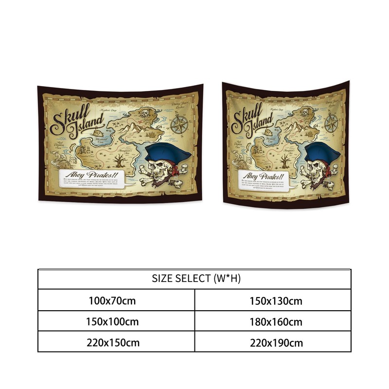 YONGFOTO 100x70cm Weltkarte Wandteppich, Schatzkarte Schädel Insel Berg Kokospalme Wald