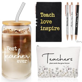 Domensi 6 Pcs Teacher Appreciation Gifts for Women,Best Teacher Ever Gift Set for Birthday, End of Year,Thank You Presents with 16 oz Glass Cup, A6 Notepad, Makeup Bag, Inspirational Pens(Black)