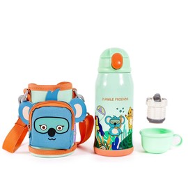 MILK and MOO Jungle Friends Steel Kids Water Bottle with Bag - 550ml / 18.5 oz, Thermos Flask with Straw&Cup, Insulated Bottle for Drink, Leak-Proof, BPA-Free, Eco-Friendly, Perfect for School