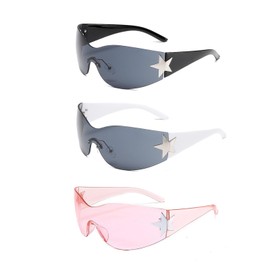 3PCS Sunglasses Y2k, Rave Sunglasses, Y2k Sunglasses, Cool Glasses, Wrap Around Sunglasses Women, Rimless Wrap Around Sunglasses for Women Men, Trendy Womens Y2k Sunglasses Oversized Shades Cool