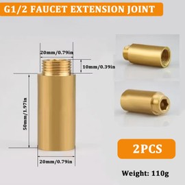 Brass Tap Extension 1/2 Inch 50 mm, Pack of 2 DN15 Thread Extension, 1/2 Inch Connection Extension Fitting, Tap Extension Thread Fitting for Drinking Water and Heating Installation